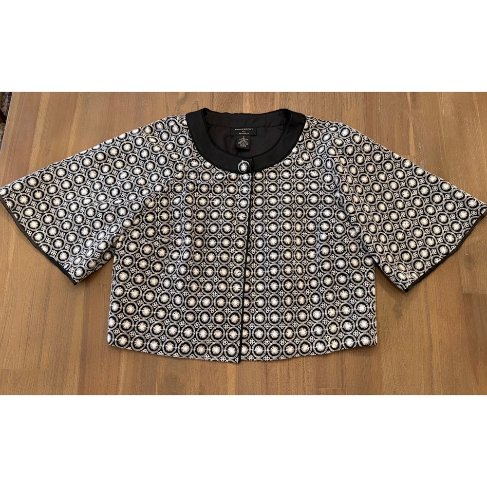 Philosophy‎ by Republic Womens Black White Embroidered Silk Lined Crop Jacket